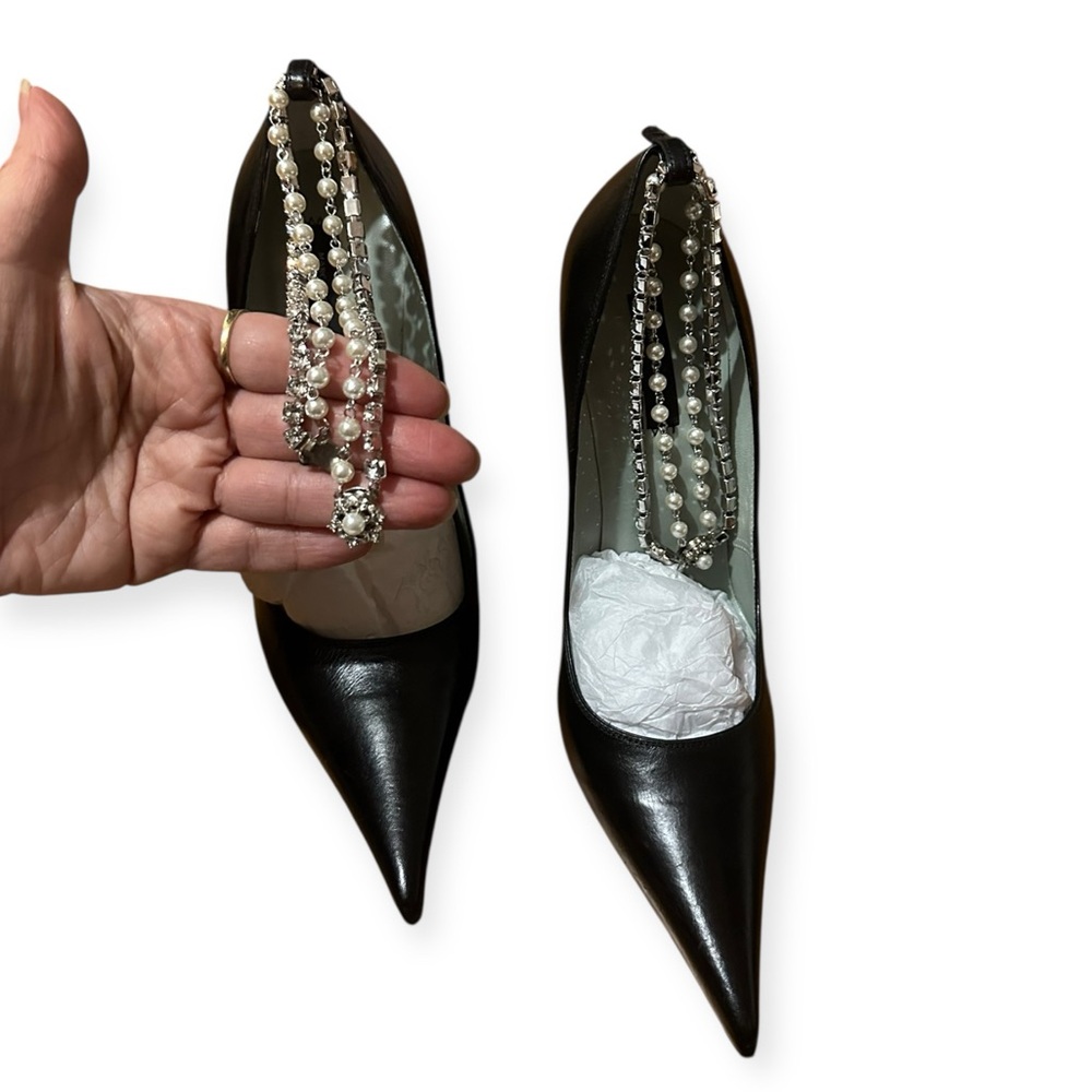 NWT Marc Jacobs Black Pointed-Toe Slingback Heels W/Crystal Embellished Strap, 8